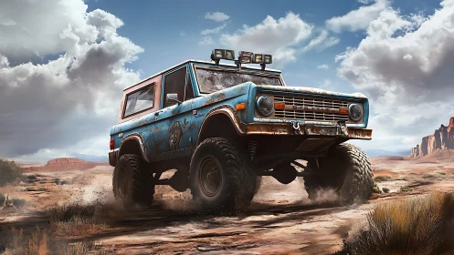 Rugged blue off-road truck powers through desert dust clouds.