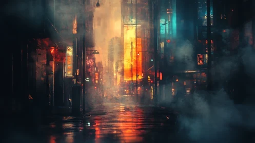 Neon rain drifting through a misty midnight city street.
