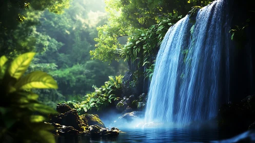 Lush forest waterfall pouring into calm blue pool.