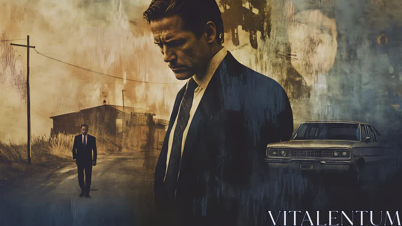 Brooding suited detective in moody rural noir composite.