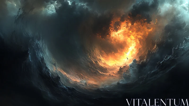 Ocean maelstrom crowned by a burning sky portal of fire.