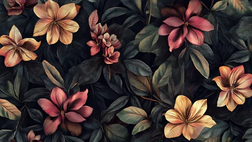 Botanical illustration depicting layered pink and peach flowers against dark foliage