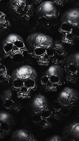 Gleaming black skulls form a dense, ominous wall of bone.