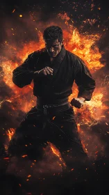 Martial artist in black gi framed by intense orange flames.