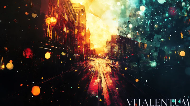 Twilight boulevard melting into ember and electric stardust.