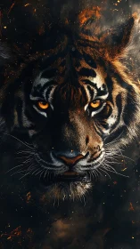 Hyper-detailed tiger portrait with glowing embers and dramatic contrast