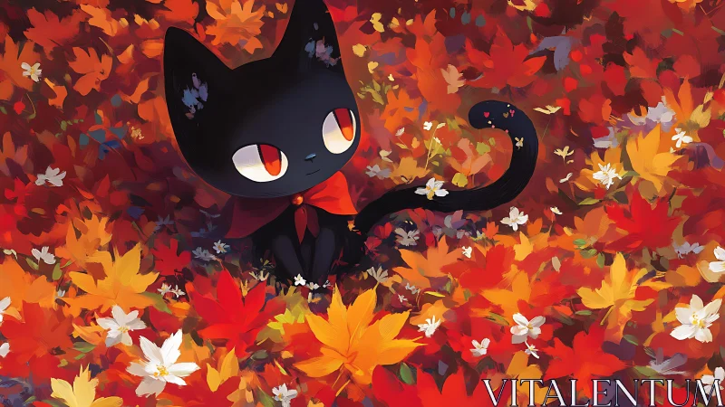 Black cartoon cat on autumn foliage with scattered flowers.