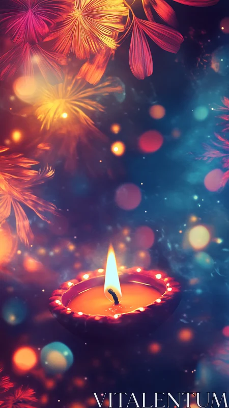 Diya flame glows amid vibrant bokeh and floral sparks.