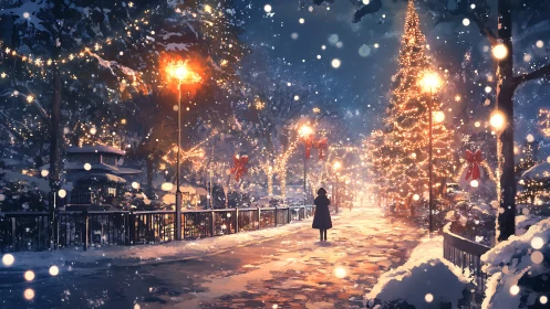 Snow-lit winter promenade with backlit figure and dense bokeh lighting