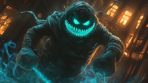 Luminescent wraith entity in tattered wrappings, dynamic charge