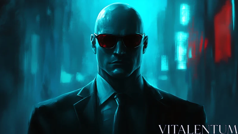 Cyber-noir agent in neon-lit alley rendered as digital painting