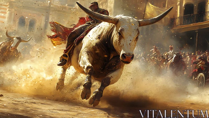 Dust-charged bull charge thunders through sunlit chaos.