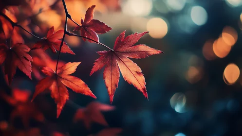 Scarlet maple leaves linger in a bokeh-soaked autumn twilight