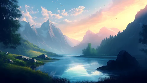 Sunlit alpine valley river under atmospheric depth rendering