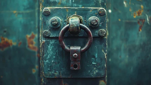 Rust-kissed iron door ring guarding a teal-weathered gate.