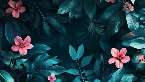 Pink flowers among teal foliage on dark botanical background.