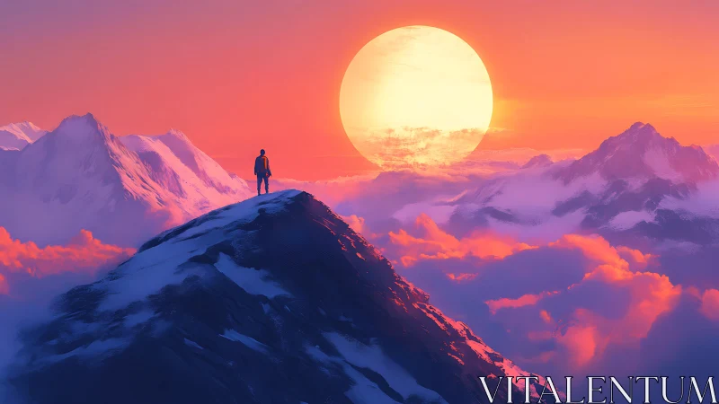 Solitary climber silhouetted on neon-lit summit at sunset.