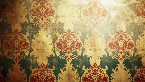 Vintage damask wallpaper shows distressed ornate pattern.