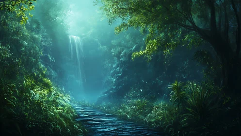 Luminous forest ravine with cascading waterfall and layered vegetation.