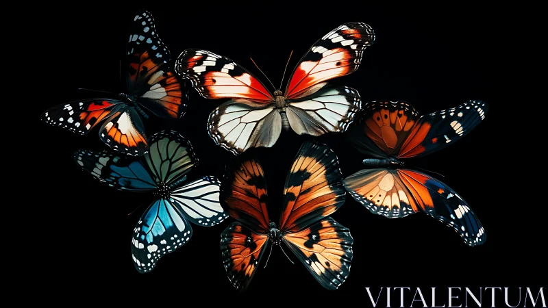 Colorful butterflies arranged on black background.