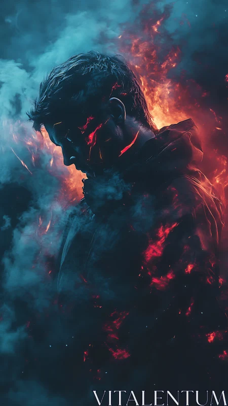 Silhouetted figure merges with fire and cyan smoke.