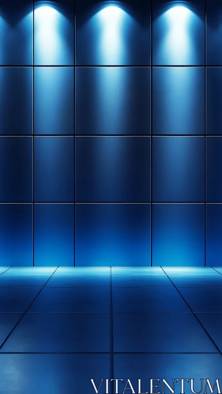 Blue tiled interior wall with symmetrical overhead spot lighting grid