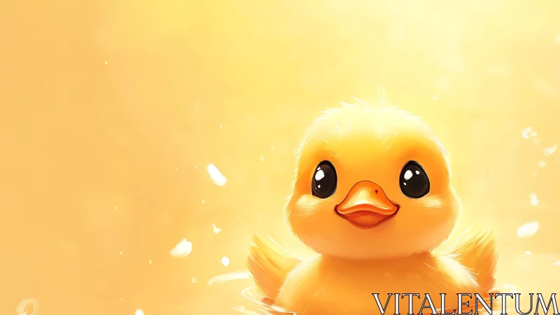 Cute yellow duckling floats in warm golden water scene.