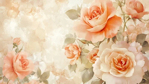 Peach roses bloom luminously against soft cream bokeh background