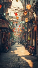 Narrow Asian alleyway with lanterns and parked scooters at dusk.