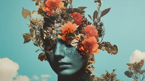 Surreal floral portrait with botanical headpiece composition.