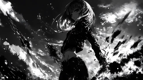 Stormlit anime heroine rising through swirling shadows.