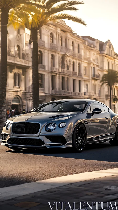 Silver luxury coupe glides through sunlit European boulevard