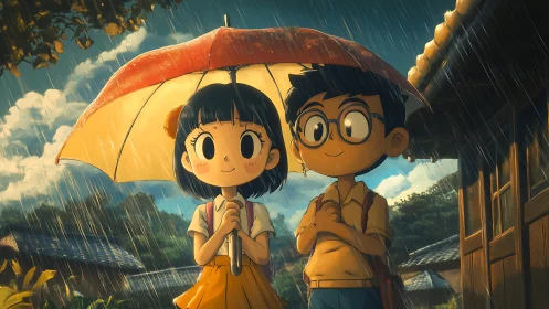 Two children under umbrella in rainy rural street scene.