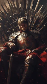 Armored warlord slumped on bladed throne under directional firelight