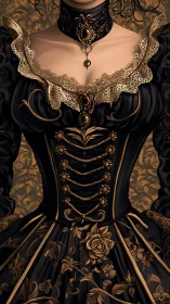 Victorian corseted dress with gold embroidery on dark fabric.