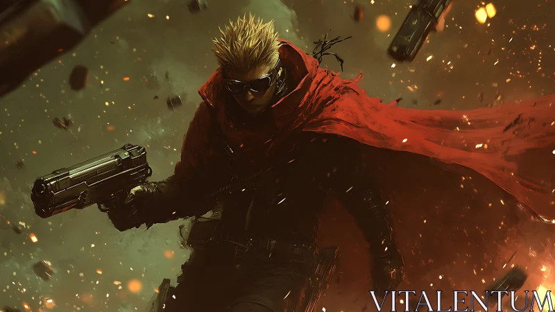 Gunfighter in red cloak advances through burning debris field