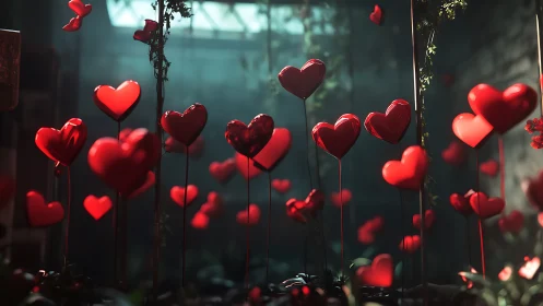 Red Hearts Garden Glowing Against Atmospheric Teal Background