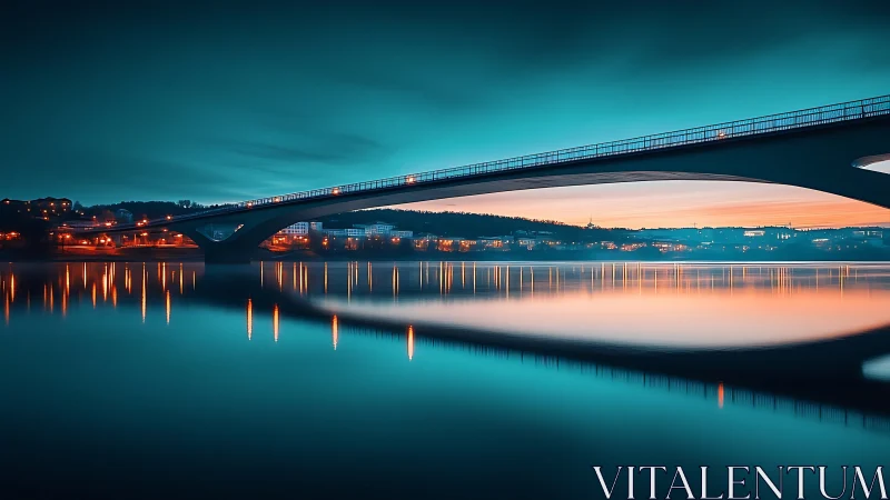 Modern bridge over calm water at dusk with city lights.