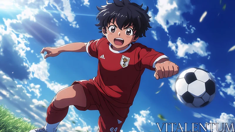 Dynamic anime football volley with exaggerated motion vectors.