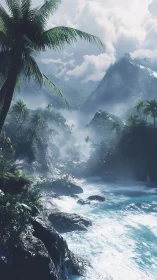 Tropical Valley with Misty Mountains and Coastal Waters