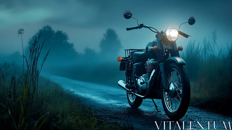 Motorcycle on wet rural road in low blue evening fog.