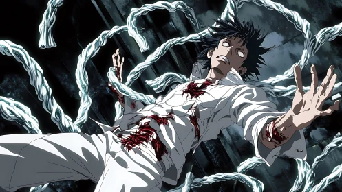 Dynamic low-angle anime shot of wounded man entangled in tendrils