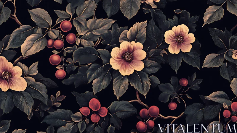 Botanical Illustration with Flowering Stems and Clustered Red Berries