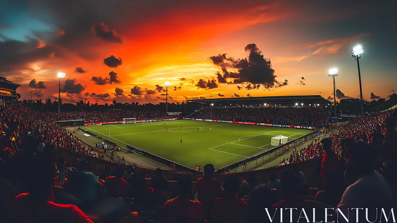 Fiery sunset sky crowns a packed soccer stadium in warmth