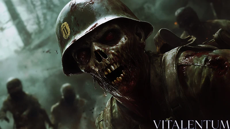 Zombie soldier close-up in decayed military battlefield scene.