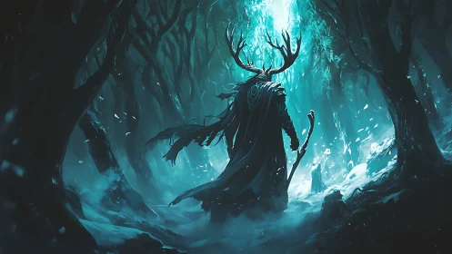 Antlered warden strides through a frozen emerald abyss.