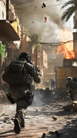Soldier advances through urban street as explosion occurs ahead