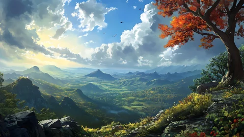 Vast mountain valley landscape stretches under bright sky