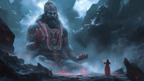 Colossal ash-blue mountain deity confronting lone red-robed figure