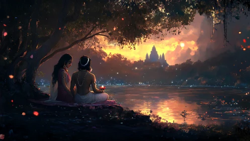 Quiet riverside sunset with two friends sharing soft light.